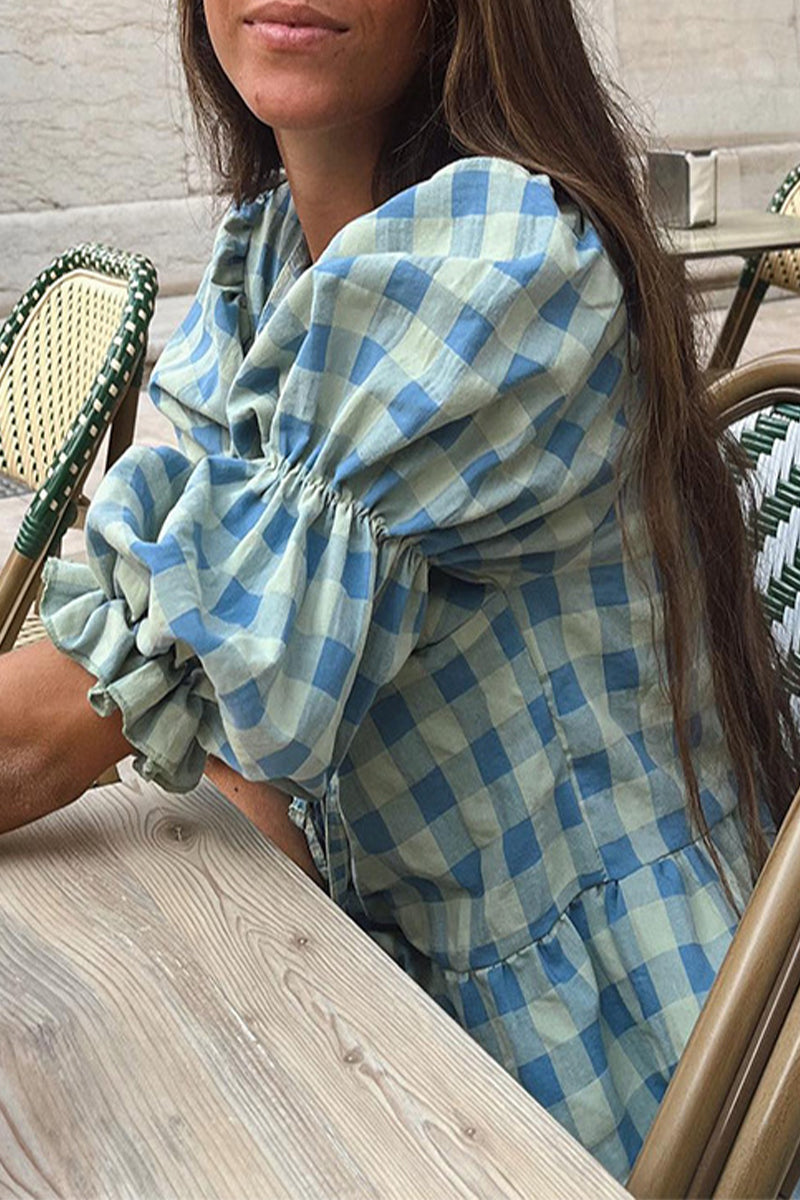 Casual Plaid Lace Up Contrast O Neck Blouses