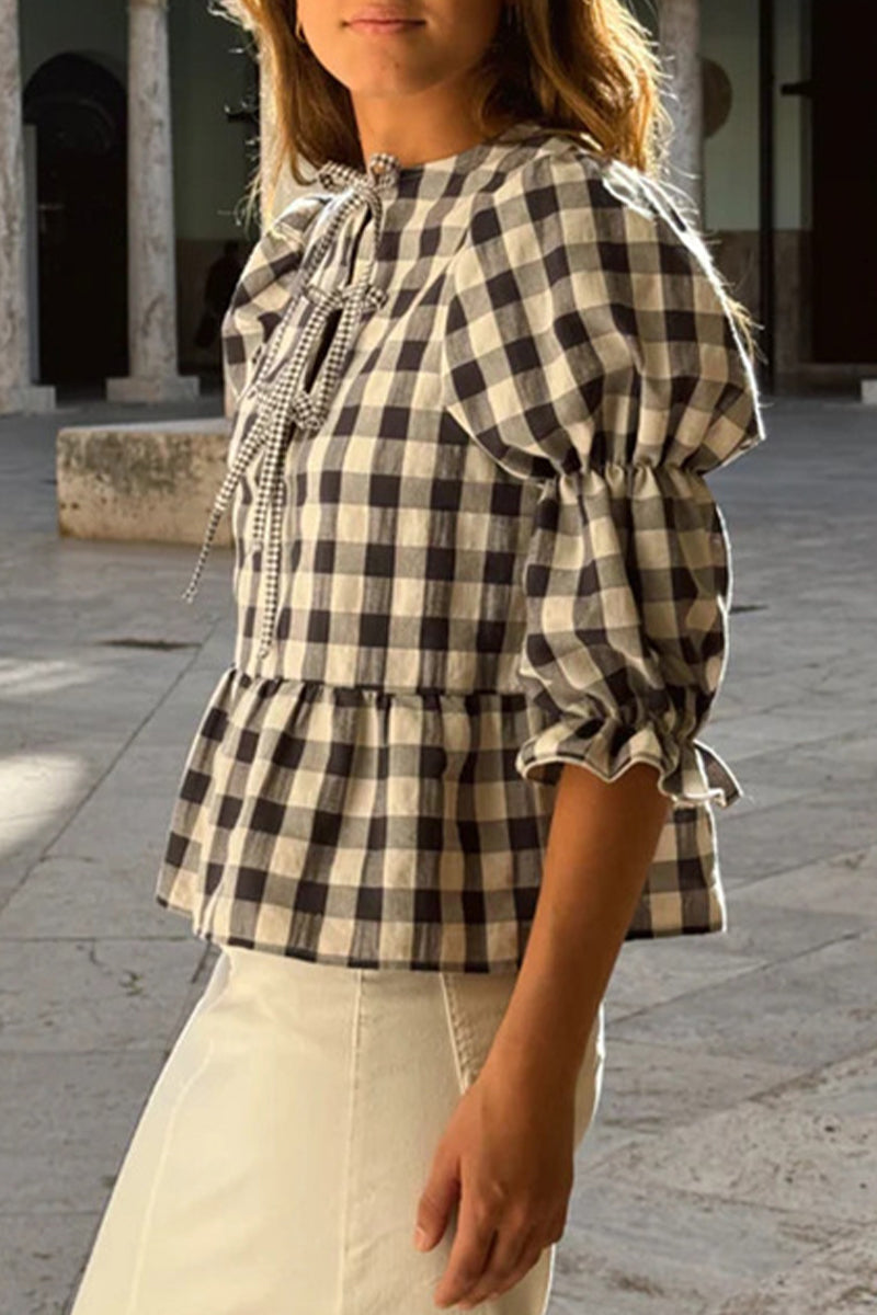 Casual Plaid Lace Up Contrast O Neck Blouses