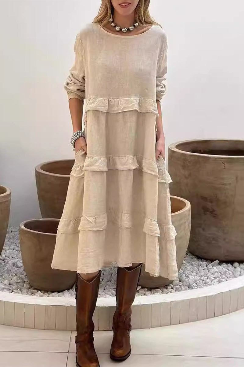 Casual Pocket Ruffle O Neck A Line Dresses(4 Colors) - Fashionpara