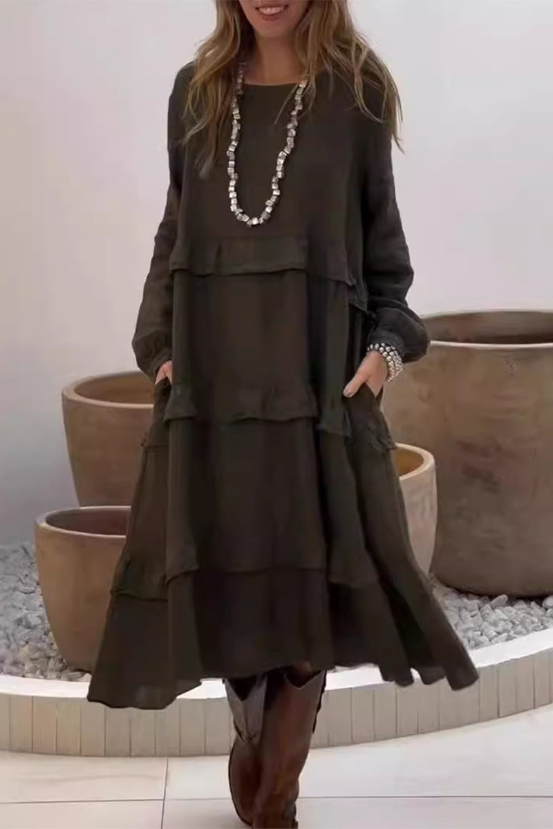 Casual Pocket Ruffle O Neck A Line Dresses(4 Colors) - Fashionpara