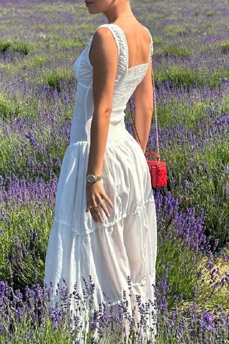 Casual Ruched Square Neck Long Dresses