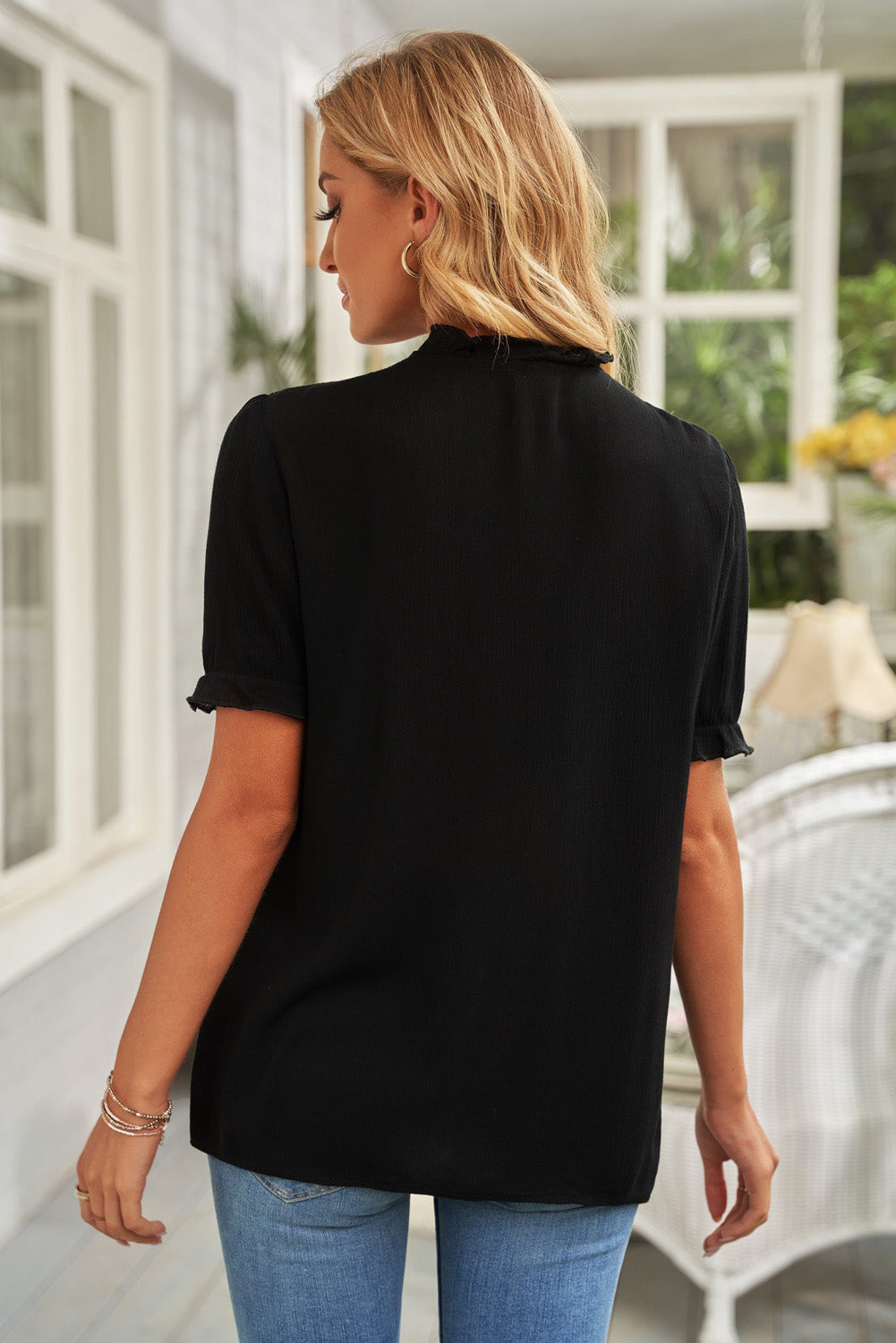 Casual Shirts Women Solid Ruffle Button Down Blouse Crewneck Short Sleeve Loose Tunic Top - Fashionpara