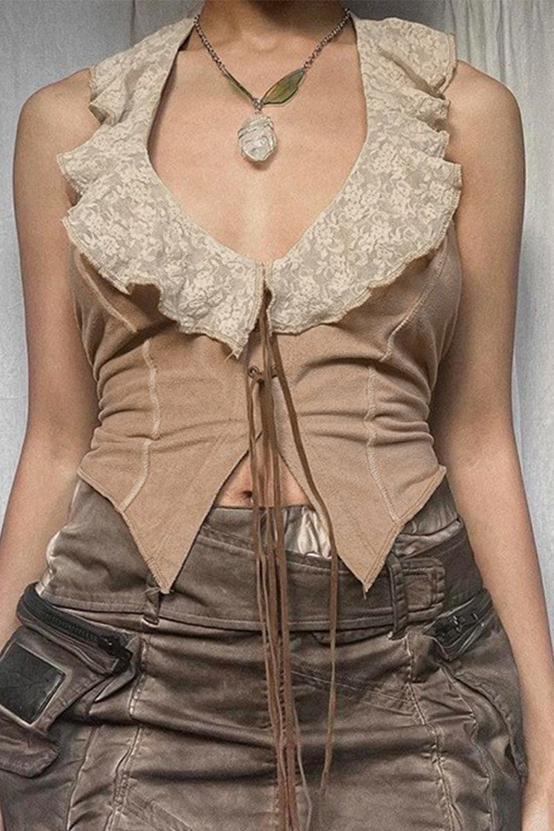 Casual Solid Color Lace Strap Design O Neck Tops - Fashionpara