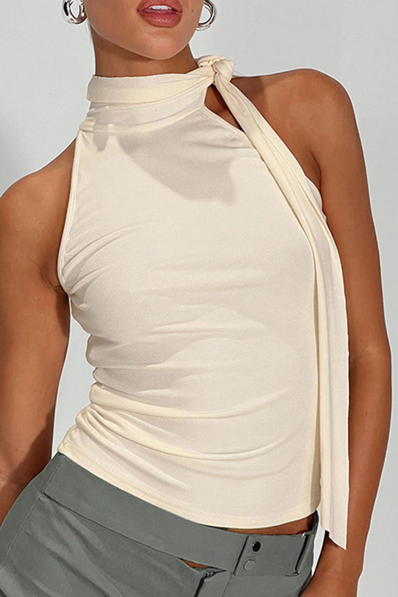 Casual Solid Color Lace Up Turtleneck Tops - Fashionpara