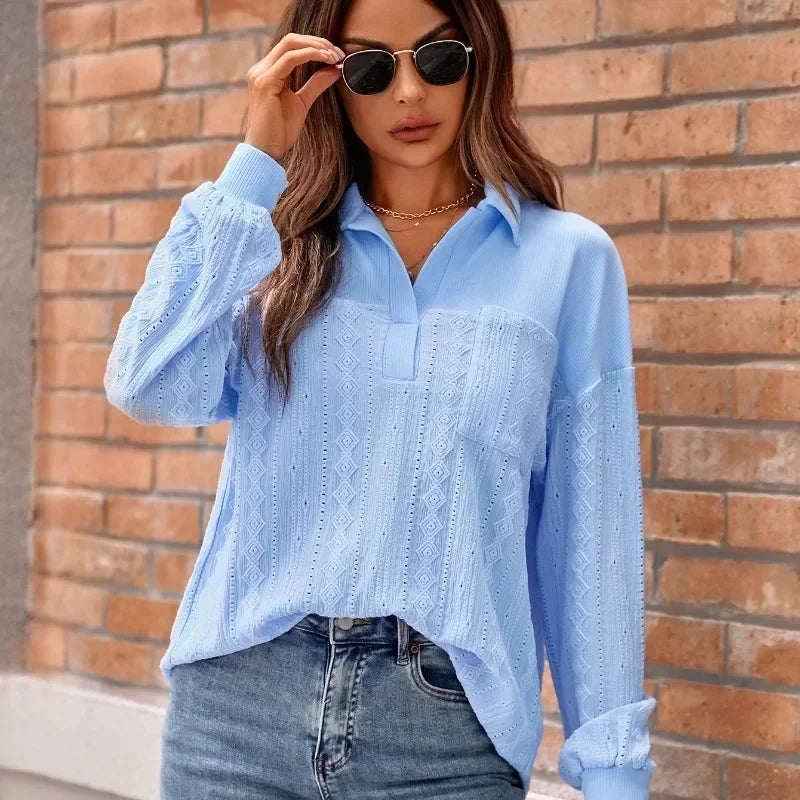 Solid Lapel Pullover Knit Blouse Elegant Blouse