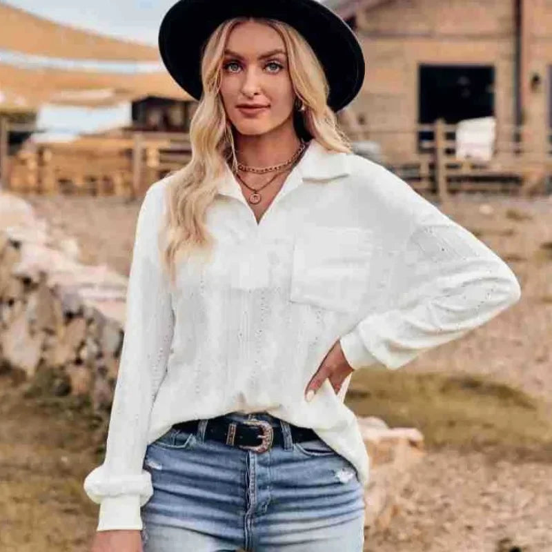 Solid Lapel Pullover Knit Blouse Elegant Blouse