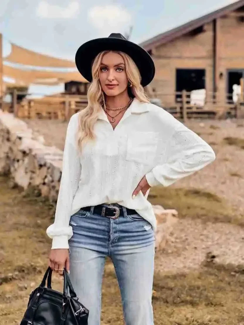 Solid Lapel Pullover Knit Blouse Elegant Blouse