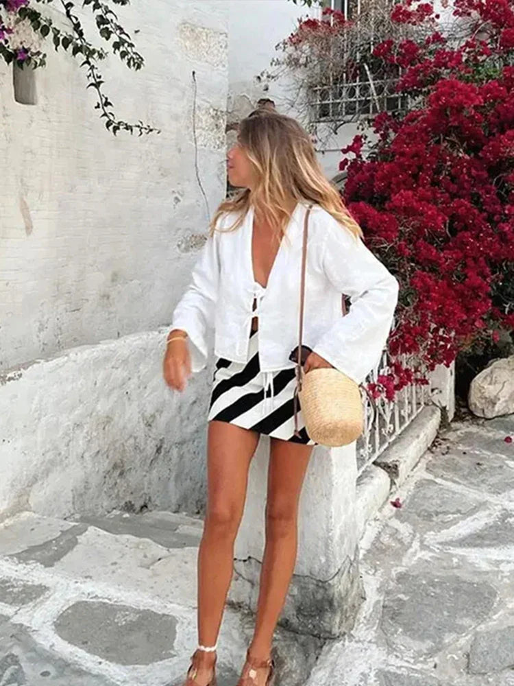 Lace-Up V-neck Loose Casual Long Sleeve Blouse