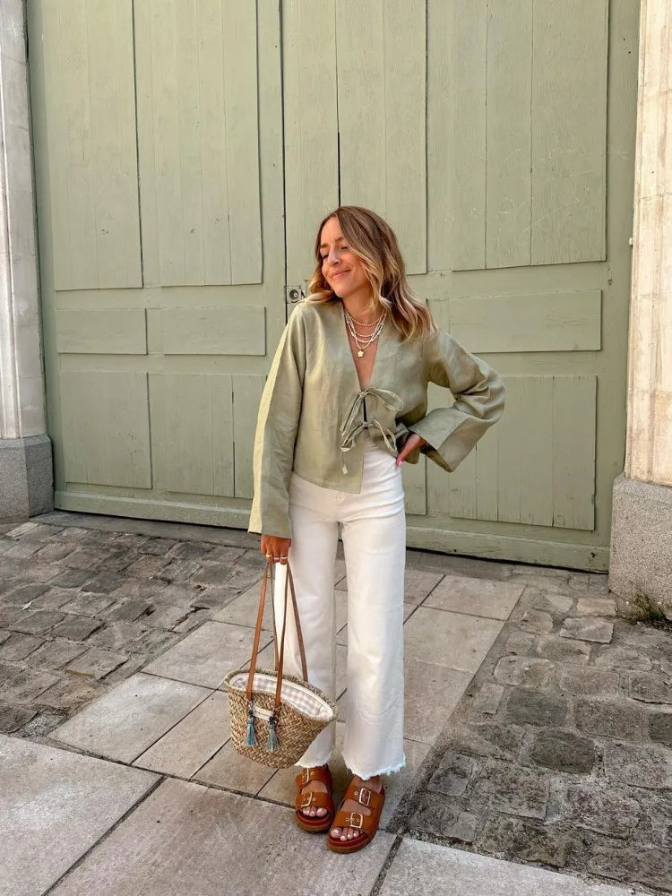 Lace-Up V-neck Loose Casual Long Sleeve Blouse