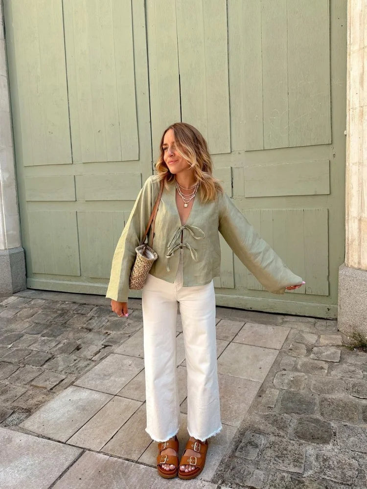 Lace-Up V-neck Loose Casual Long Sleeve Blouse