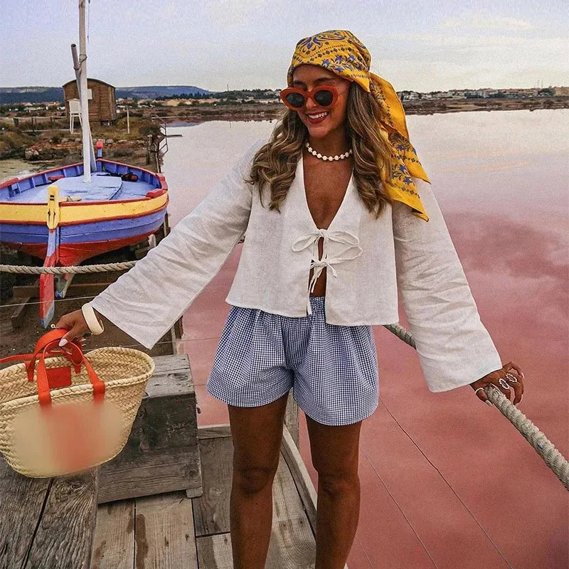 Lace-Up V-neck Loose Casual Long Sleeve Blouse