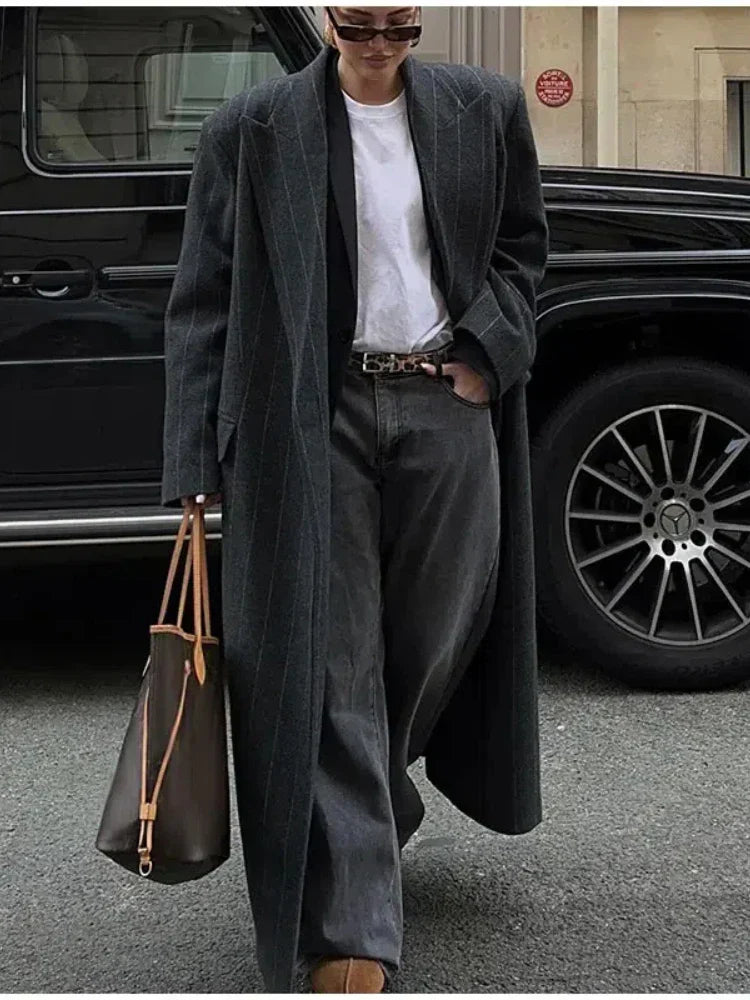 Striped Vintage Loose Lapel Woolen Overcoat