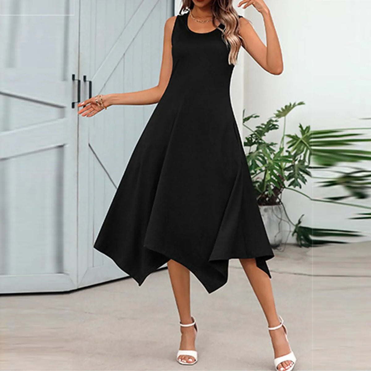 Round Neck Sleeveless Handkerchief-Hem Midi Dress 2