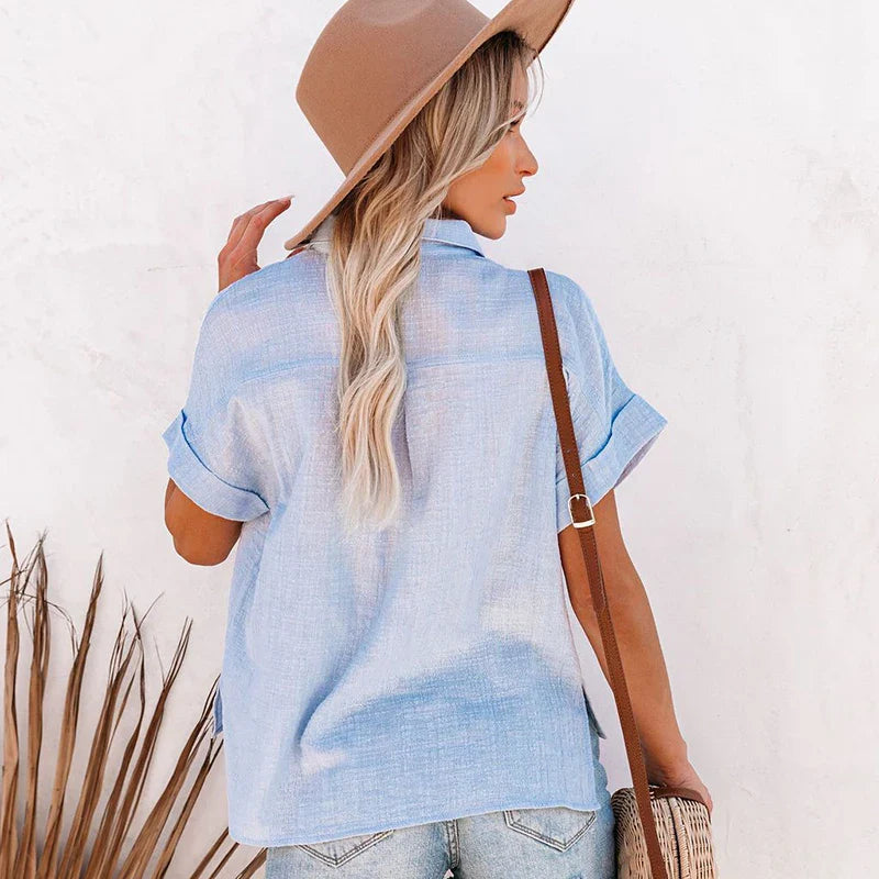 Turn Down Collar Cotton Linen Summer Blouse