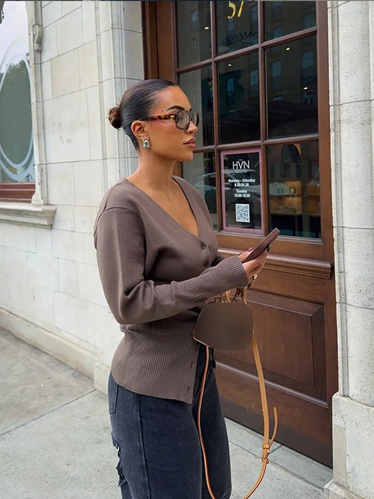 V-neck Solid Color Long Sleeve Cardigan