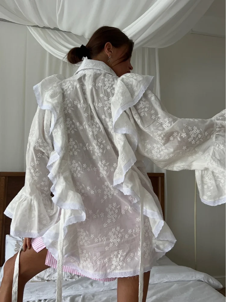 Hollow Out Lotus Leaf Edge White Blouse