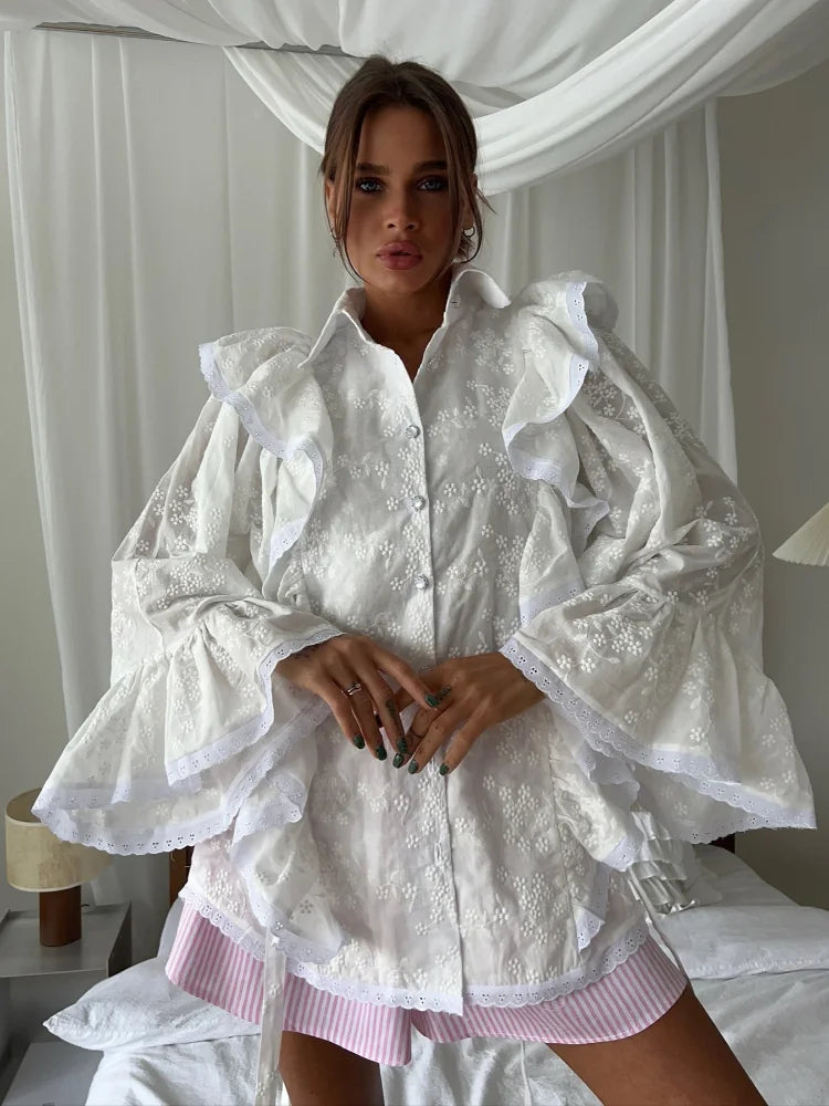 Hollow Out Lotus Leaf Edge White Blouse