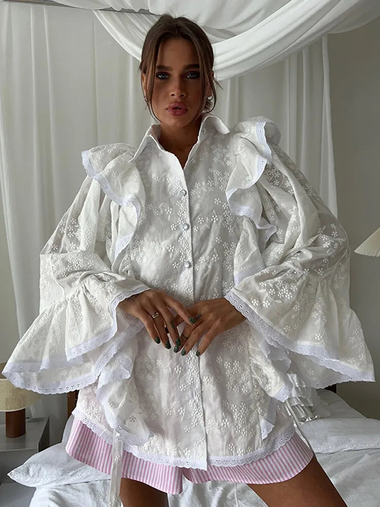 Hollow Out Lotus Leaf Edge White Blouse