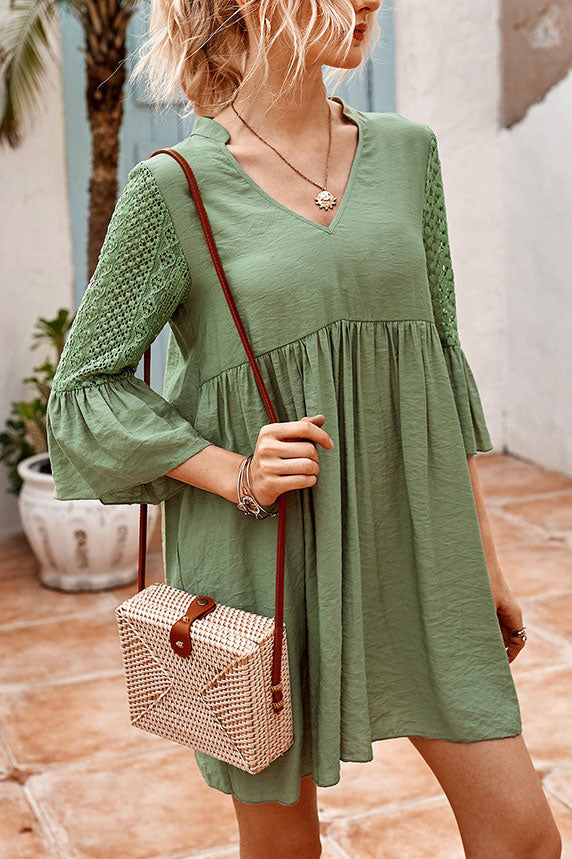 Casual V-neck Lace Panel Tunic Dress - Mislish