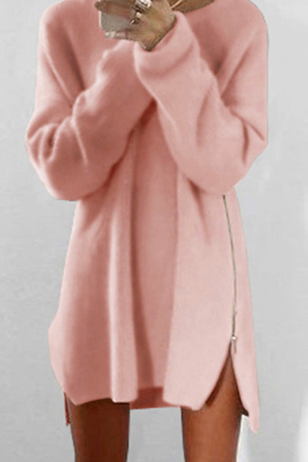 Solid Loose Zip Casual Sweater Dress - Mislish