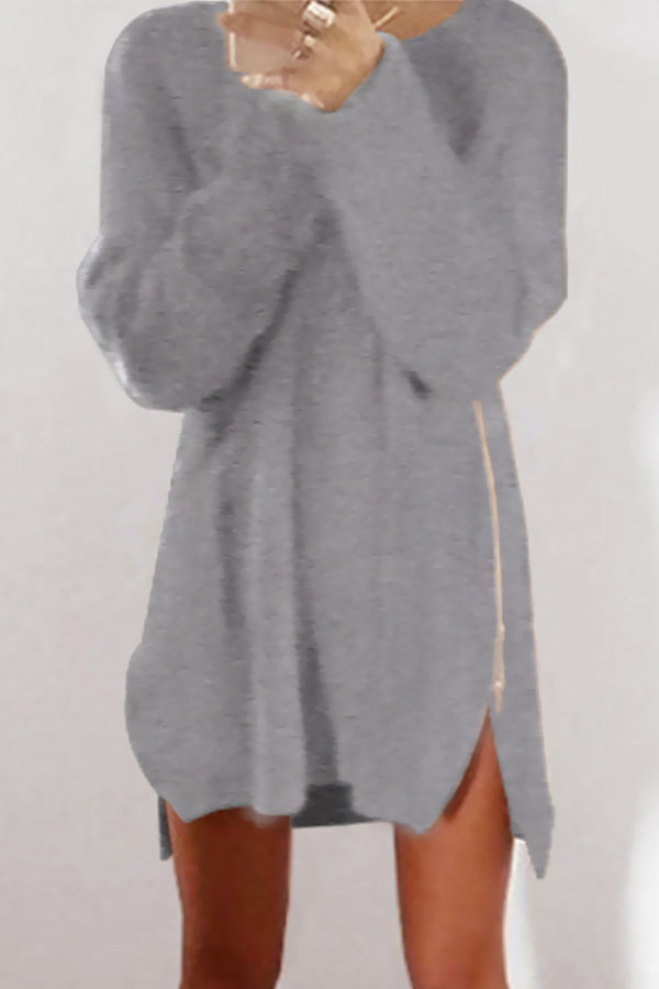 Solid Loose Zip Casual Sweater Dress - Mislish