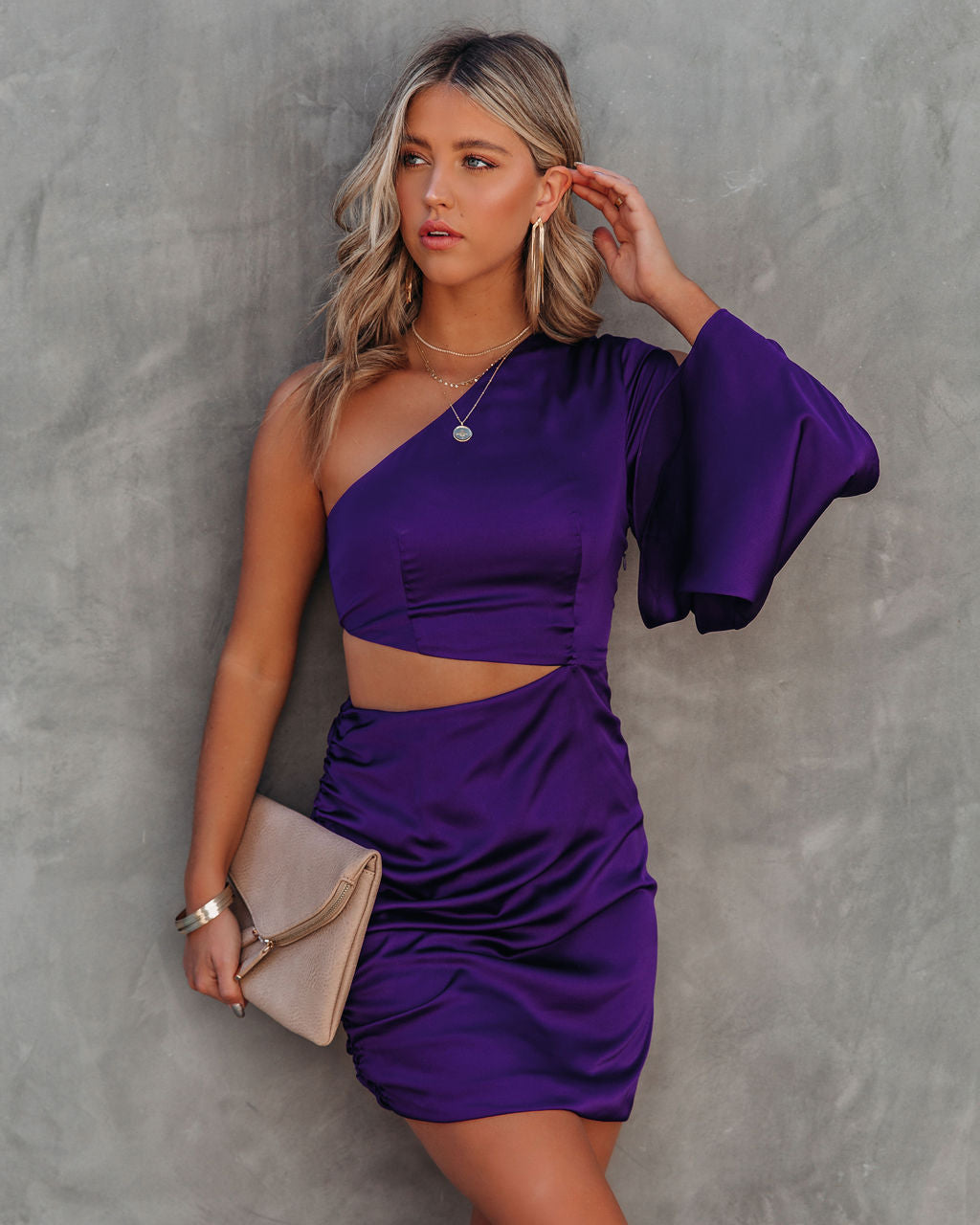 Satin One Shoulder Long Sleeve Cutout Ruched Bodycon Mini Dress