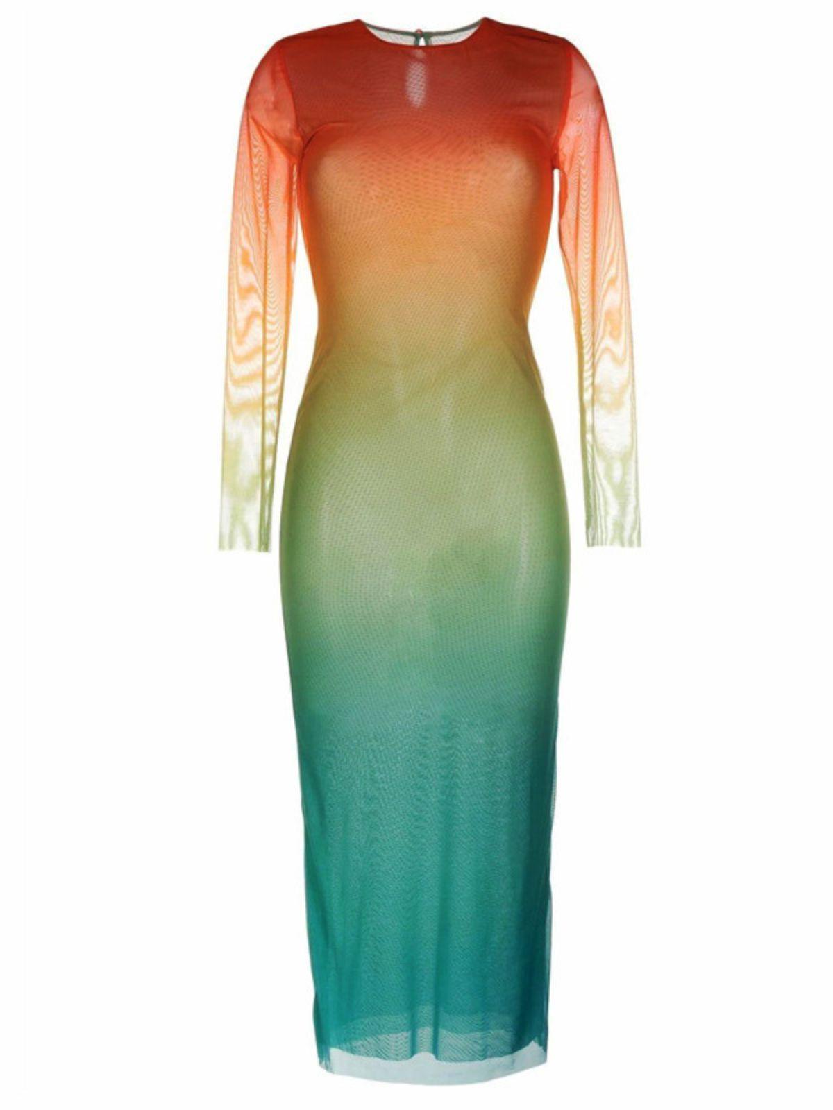 Ombre Mesh Round Neck Long Sleeve Bodycon Midi Dress - View 6