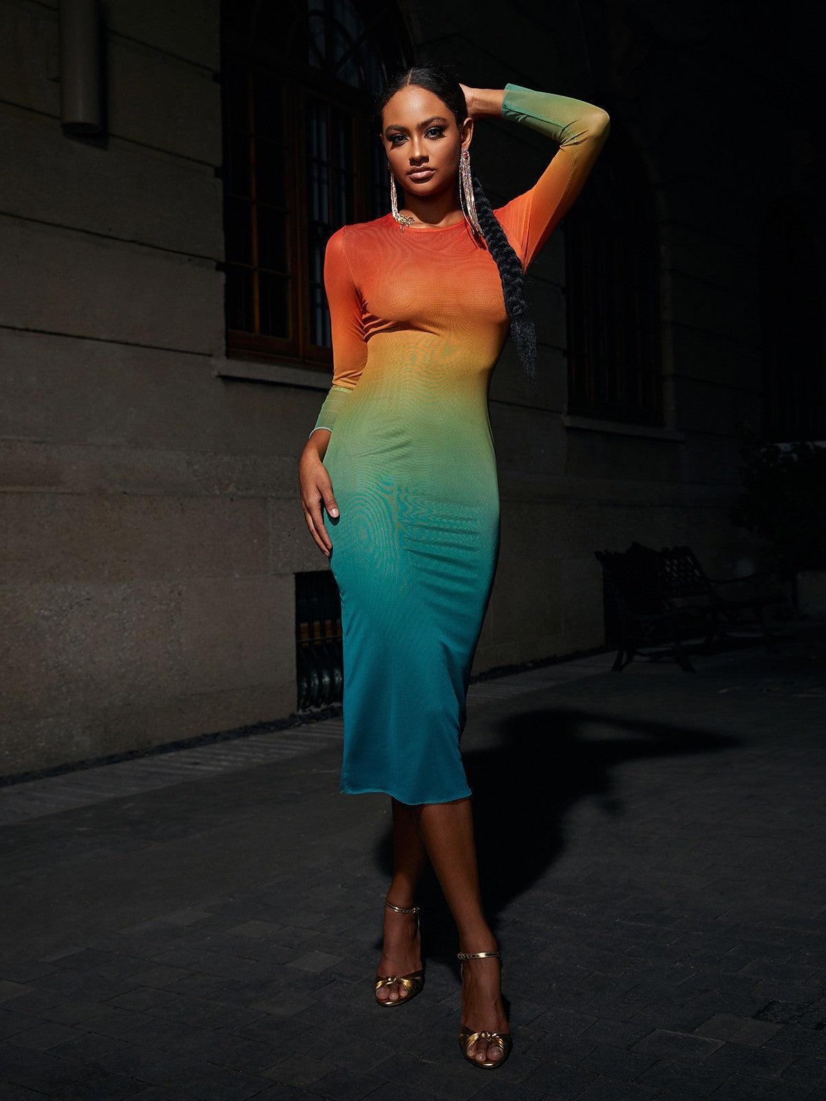 Ombre Mesh Round Neck Long Sleeve Bodycon Midi Dress - View 2