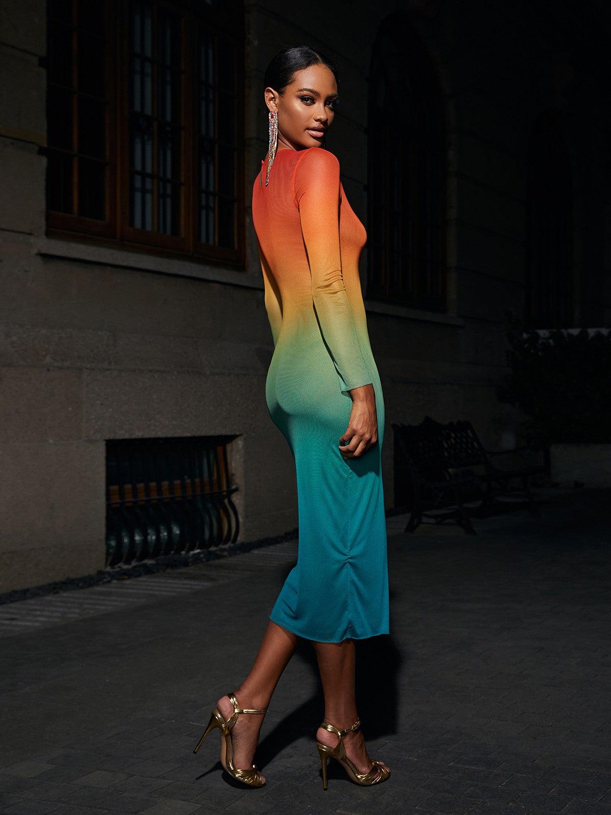 Ombre Mesh Round Neck Long Sleeve Bodycon Midi Dress - View 5