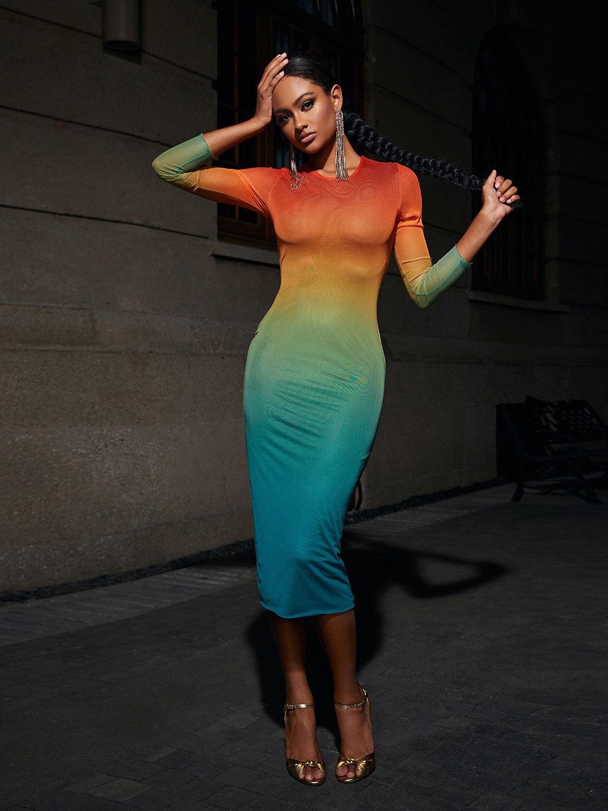 Ombre Mesh Round Neck Long Sleeve Bodycon Midi Dress - View 4