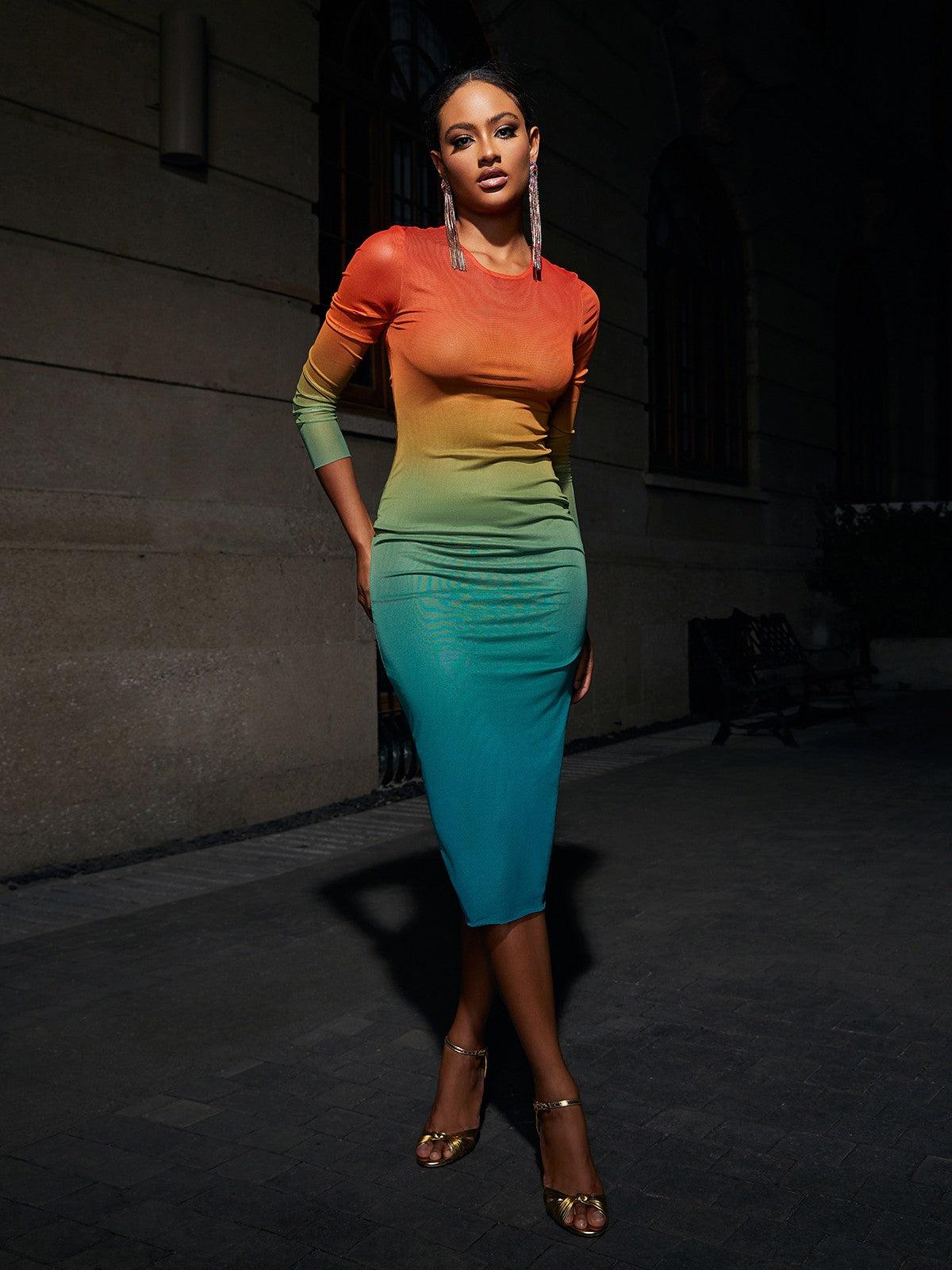 Ombre Mesh Round Neck Long Sleeve Bodycon Midi Dress