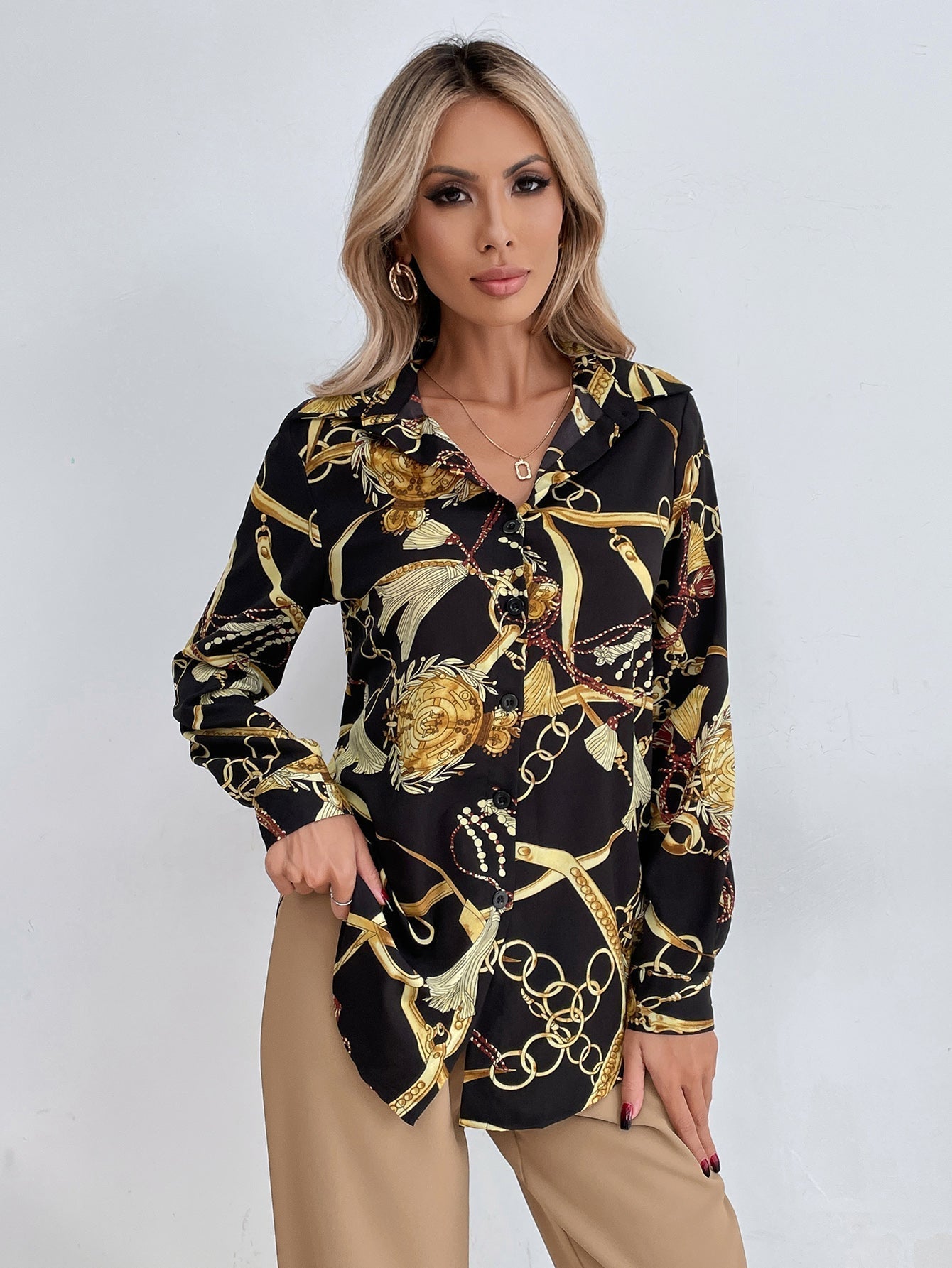 Chain Print Button Front Blouse - Fashionpara