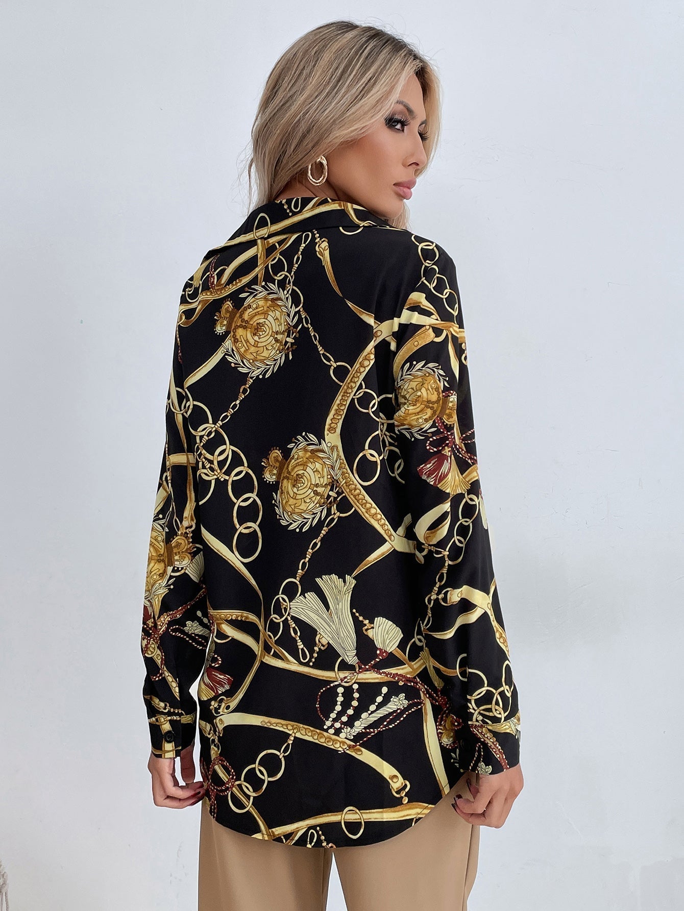 Chain Print Button Front Blouse - Fashionpara