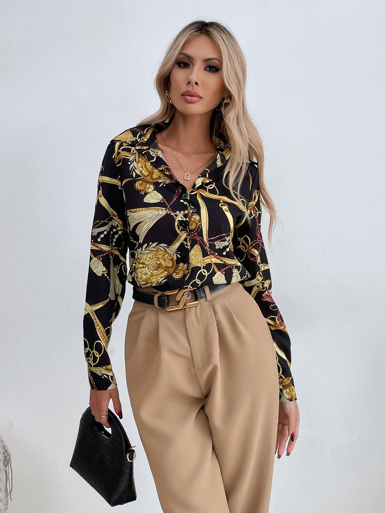 Chain Print Button Front Blouse - Fashionpara