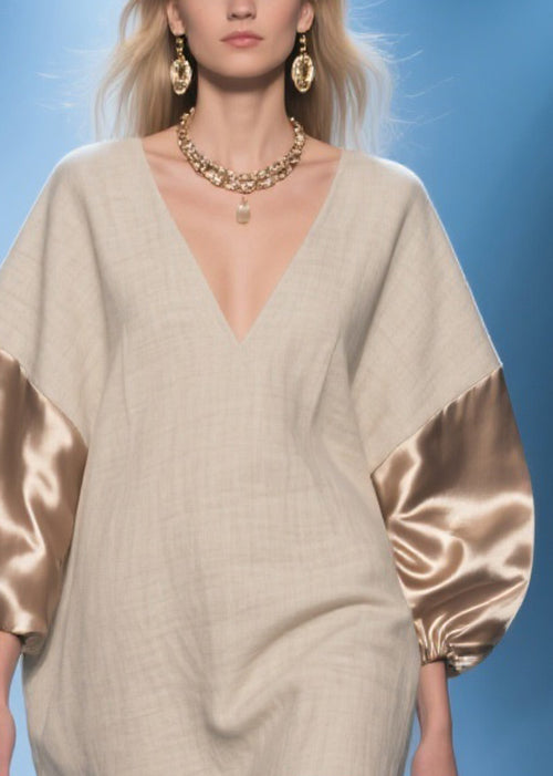 V-Neck Lantern Sleeve Satin Panel Oversized Woven Shift Mini Dress - View 2
