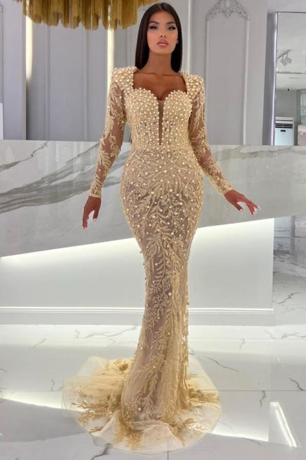 Champagne Sweetheart Long Sleeves Tulle Mermaid Prom Dress with Beadings - Fashionpara