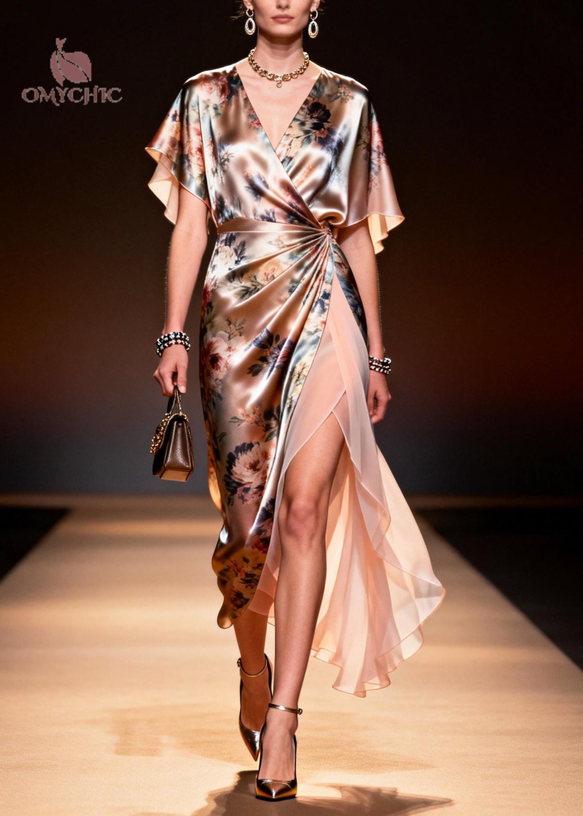 Floral Print Satin Deep V-Neck Flutter Sleeve Wrap Midi Dress