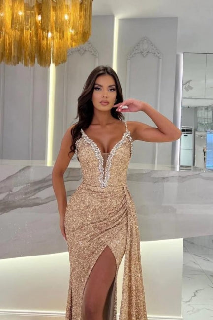 Luxury Champagne Sweetheart Split From Satin Evening Dress with Ruffles - Fashionpara