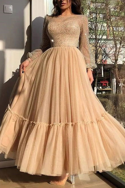 Glitter Bodice Long Sleeve Tiered Tulle Maxi Gown
