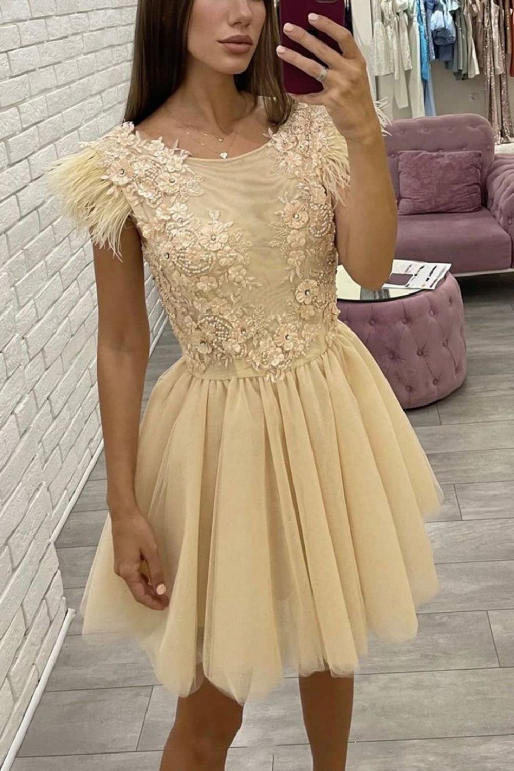Champagne A-line Short Homecoming Dress WIth Beading Applique - Fashionpara