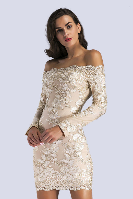 Champagne Off-the-shoulder  Embroidered Long-sleeved Bodycon Dress - Fashionpara