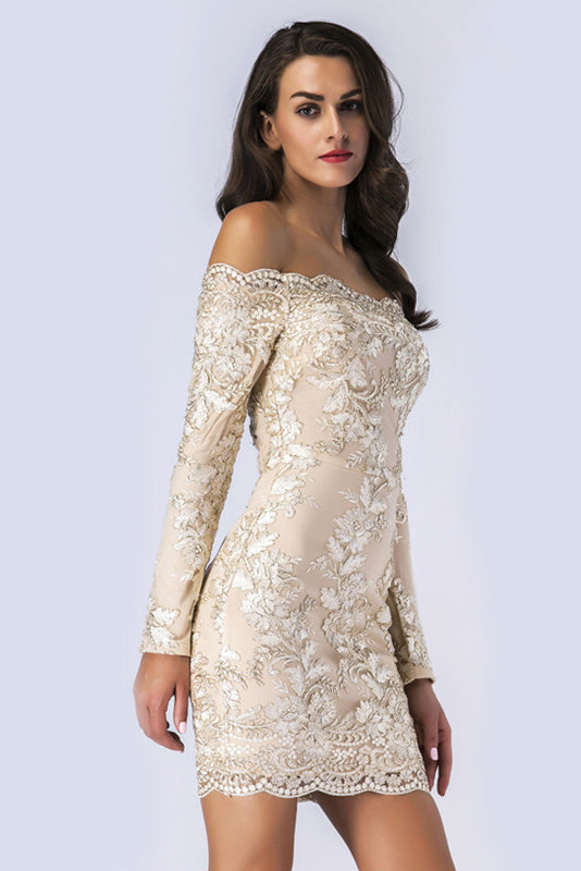 Champagne Off-the-shoulder  Embroidered Long-sleeved Bodycon Dress