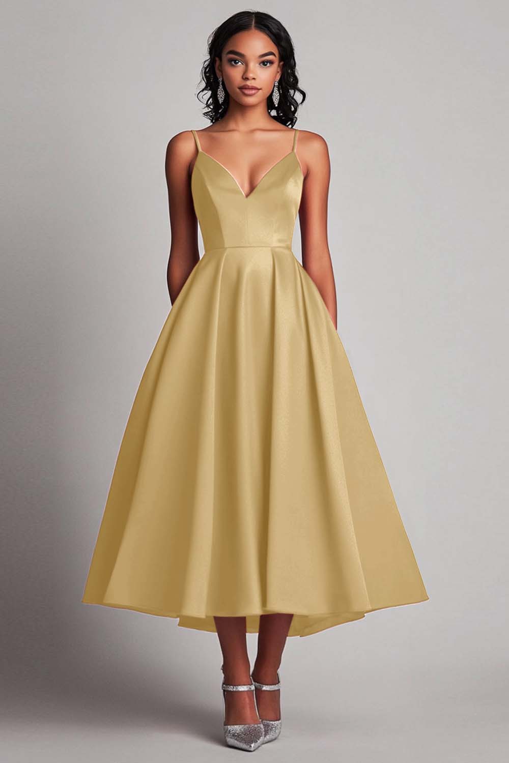 Red Satin A-Line Tea Length Formal Dress - Fashionpara