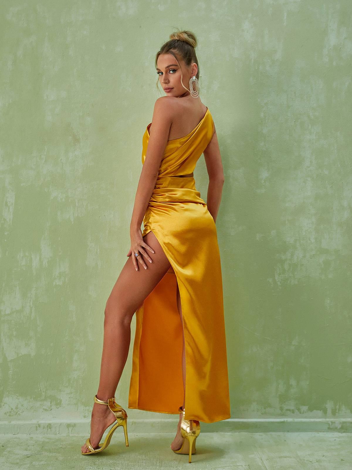 Chara One Shoulder Cutout Maxi Dress In Gold