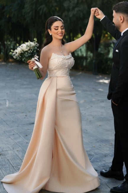 Charming Long Mermaid Strapless Sequined Wedding Gown with Dazzling Pearls - Fashionpara