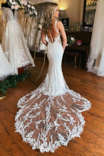 Charming Long V-neck Mermaid Sleeveless Wedding Gown with Intricate Lace - Fashionpara