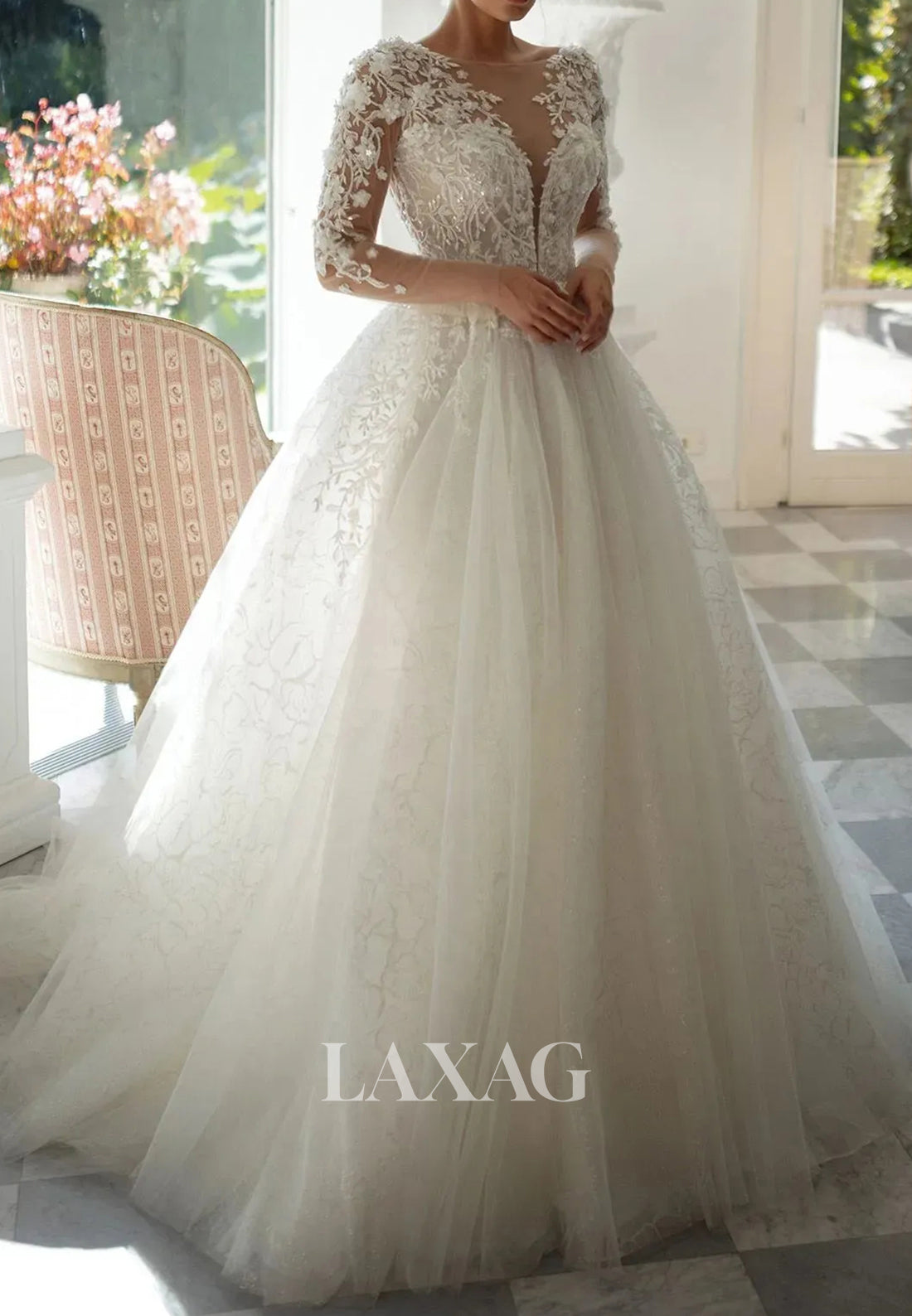 Deep V-Neck Long-Sleeves Beaded Bride Gowns Applique Pleated Tulle A-Line Wedding Dress