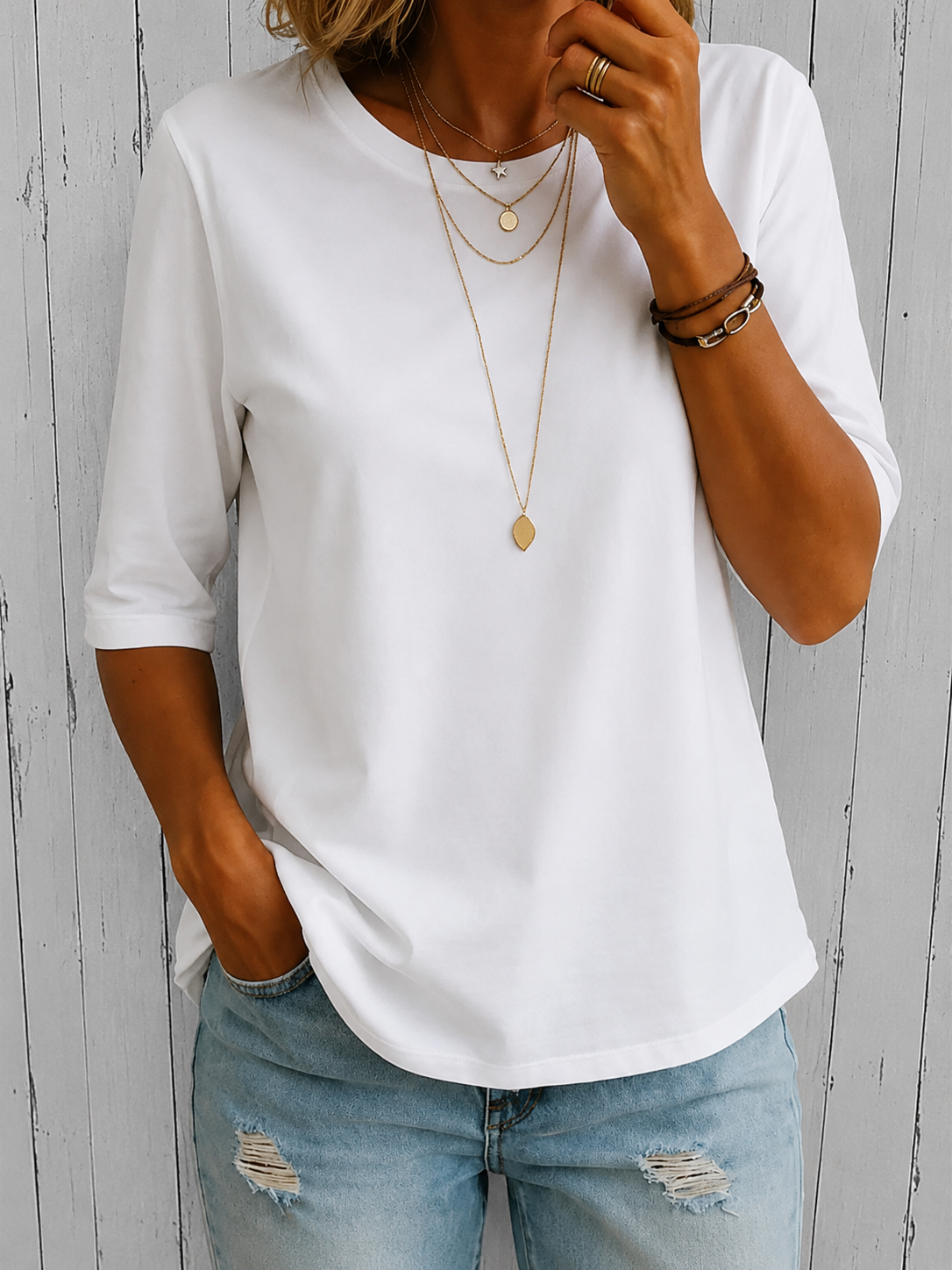 Round Neck Half Sleeve Basic Tee Top 2