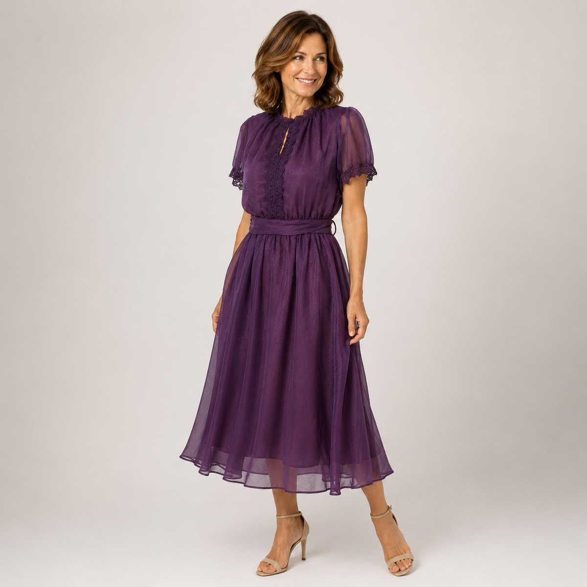 Sheer Chiffon Ruffle Neck Short Sleeve Lace Trim Midi Dress 3