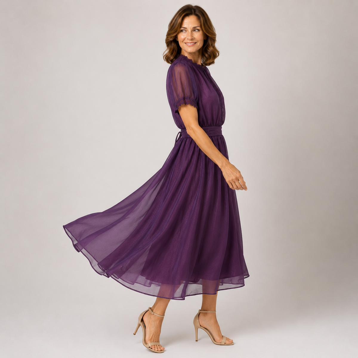 Sheer Chiffon Ruffle Neck Short Sleeve Lace Trim Midi Dress 4